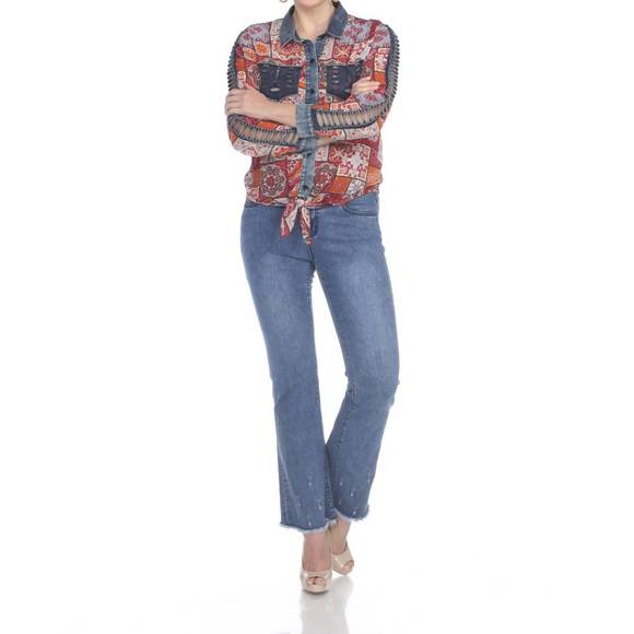 AZI Tops - NEW AZI multi colored tie front denim chiffon blouse with lattice sleeve in red